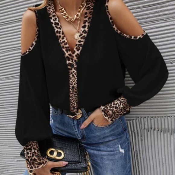 Tops - Trendy Black leopard Print Button up Cold Shoulder